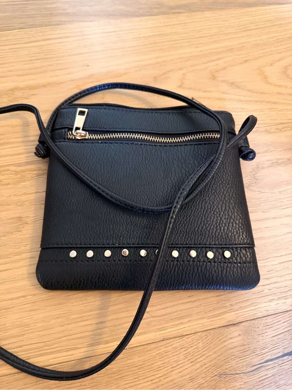 Classic Black Leather Crossbody Bag with Stud Detail